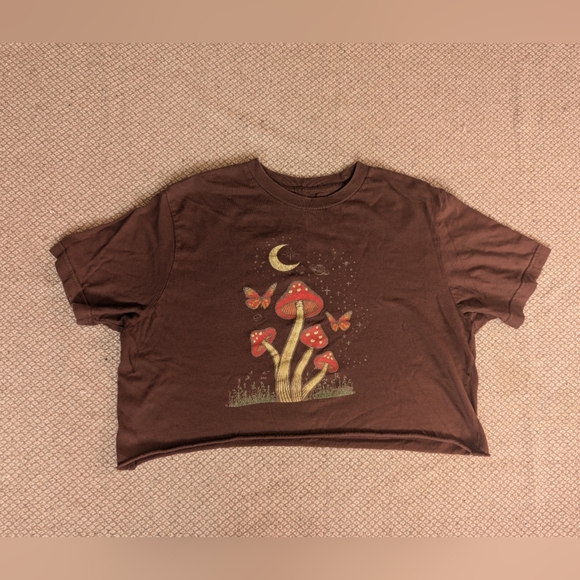 Whimsical Brown Crop Top with Mushroom and Butterfly Design - Picture 4 of 8
